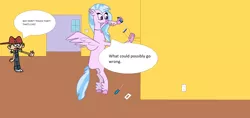 Size: 2704x1280 | Tagged: artist:theawesomeguy98201, classical hippogriff, crossover, derpibooru import, electrical outlet, electrical wires, finished background, hippogriff, lana loud, quotes, safe, screwdriver, silverstream, the loud house, wings