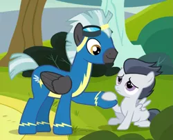 Size: 947x770 | Tagged: safe, derpibooru import, screencap, rumble, thunderlane, pegasus, pony, marks and recreation, brothers, clothes, colt, cropped, duo, goggles, holding hooves, male, siblings, stallion, uniform, wonderbolts uniform