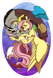 Size: 1281x1872 | Tagged: safe, artist:inuhoshi-to-darkpen, derpibooru import, discord, fluttershy, draconequus, pegasus, pony, cheek fluff, cute, discoshy, discute, ear fluff, female, fluffy, leg fluff, looking at each other, male, mare, shipping, shoulder fluff, shyabetes, straight, unshorn fetlocks, wing fluff