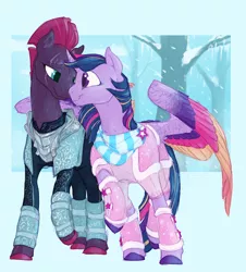 Size: 2850x3150 | Tagged: safe, artist:iceofwaterflock, derpibooru import, tempest shadow, twilight sparkle, twilight sparkle (alicorn), alicorn, pony, unicorn, armor, broken horn, clothes, colored wings, eye contact, eye scar, female, horn, hug, leg warmers, lesbian, looking at each other, mare, nuzzling, scar, scarf, shipping, smiling, snow, snowfall, spread wings, tempestlight, tree, winghug, wings, winter