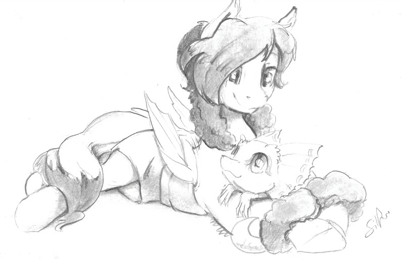 Size: 4920x3160 | Tagged: safe, artist:silfoe, derpibooru import, oc, oc:river rhythm, bat pony, frilled lizard, gecko, lizard, pony, bat pony oc, bat wings, clothes, commission, cute, female, kimono (clothing), lineart, mare, monochrome, pet, sketch, solo, wings