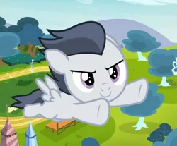 Size: 857x710 | Tagged: safe, derpibooru import, screencap, rumble, pegasus, pony, marks and recreation, colt, cropped, flying, male, smiling, solo