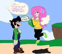 Size: 1059x922 | Tagged: safe, artist:zer0cute, derpibooru import, fluttershy, human, equestria girls, blushing, cap, clothes, crossover, crossover shipping, female, green hat, hairpin, hat, holding, humanized, looking at each other, luigi, luigi's hat, luigishy, male, nintendo, overalls, pegasus wings, shipping, shirt, shoes, straight, super mario bros., sweater, sweatershy, undershirt, winged humanization, wings