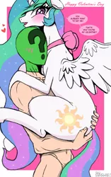 Size: 629x1000 | Tagged: suggestive, artist:tsudashie, derpibooru import, princess celestia, oc, oc:anon, alicorn, human, pony, 2 handfuls of dat ass, anatomically correct, blushing, butt grab, butt touch, carrying, cutie mark, dialogue, female, floppy ears, grope, hand on butt, heart, holding a pony, holiday, hug, human male, leg fluff, lidded eyes, male, mare, mask, missing accessory, muscles, neck bow, nudity, open mouth, shipping, smiling, spread wings, straight, strategically covered, text, valentine's day, vulva, wing fluff, wings