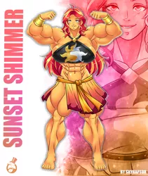 Size: 3780x4488 | Tagged: safe, artist:skyraptor, derpibooru import, sunset shimmer, human, equestria girls, abs, armpits, bracelet, clothes, female, fetish, flexing, jewelry, muscle fetish, muscles, sunset lifter, swimsuit, zoom layer