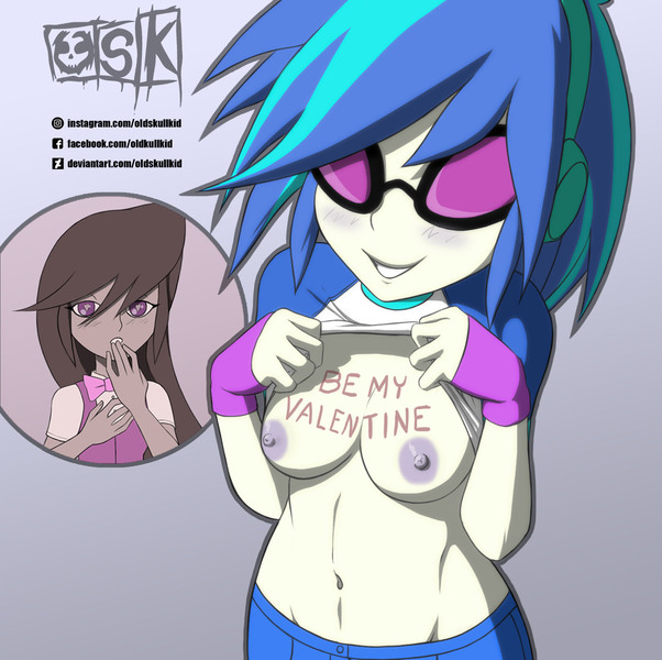 Size: 1396x1392 | Tagged: questionable, artist:oldskullkid, derpibooru import, octavia melody, vinyl scratch, equestria girls, areola, body writing, breasts, clothes, female, lesbian, nipples, nudity, scratchtavia, shipping, shirt, shirt lift, sunglasses