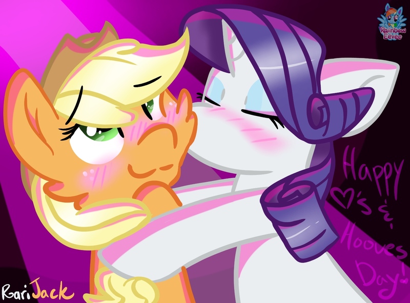 Size: 1355x1001 | Tagged: safe, artist:rainbow eevee, derpibooru import, applejack, rarity, pony, blushing, cute, daaaaaaaaaaaw, eyebrows visible through hair, female, happy hearts and hooves day, holiday, jackabetes, kiss on the cheek, kissing, lesbian, love, raribetes, rarijack, shipping, valentine's day