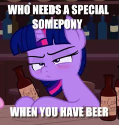 Size: 1313x1383 | Tagged: safe, artist:shoutingisfun, artist:slb94, derpibooru import, twilight sparkle, pony, alcohol, beer, blushing, caption, drunk, drunk twilight, female, forever alone, image macro, impact font, lonely, meme, solo, text