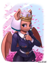 Size: 1125x1500 | Tagged: alternate version, anthro, artist:discordthege, breasts, busty somnambula, clothes, curvy, cute, derpibooru import, female, flower, flower in hair, flower petals, hourglass figure, lineless, looking at you, mare, military uniform, necktie, pegasus, safe, sergeant, smiling, solo, somnambetes, somnambula, uniform