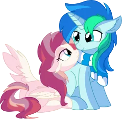 Size: 6799x6658 | Tagged: safe, artist:aureai-sketches, artist:cyanlightning, derpibooru import, oc, oc:aureai, oc:cyan lightning, pegasus, pony, unicorn, .svg available, absurd resolution, best friends, chest fluff, clothes, cute, duo, ear fluff, eyes closed, female, looking at each other, male, mare, older, scarf, shipping, simple background, sitting, smiling, spread wings, stallion, straight, transparent background, underhoof, vector, wings