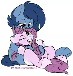 Size: 1943x2032 | Tagged: safe, artist:mulberrytarthorse, derpibooru import, oc, oc:huckleberry bleu, oc:mulberry tart, unofficial characters only, pony, bleuberry, female, male, mare, oc x oc, shipping, snuggling, stallion, straight