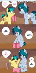 Size: 1238x2463 | Tagged: safe, artist:shinodage, derpibooru import, oc, oc:apogee, oc:delta vee, pegasus, pony, :o, annoyed, box, cheering, chest fluff, chest freckles, clothes, comic, cute, diageetes, dialogue, ear freckles, eye contact, eyes closed, female, filly, freckles, frown, grin, happy, holiday, hooves, how, lidded eyes, looking at each other, mare, mother and child, mother and daughter, mouth hold, now you're thinking with portals, ocbetes, open mouth, pony in a box, portal, present, raised hoof, sitting, smiling, speech bubble, spread wings, tanktop, ungrateful, up, wat, wide eyes, wings