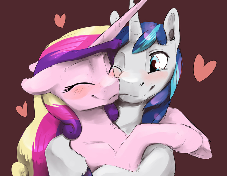 Size: 1650x1275 | Tagged: safe, artist:silfoe, derpibooru import, princess cadance, shining armor, alicorn, pony, unicorn, royal sketchbook, blushing, brown background, cuddling, cute, cutedance, daaaaaaaaaaaw, eyes closed, female, heart, hnnng, hug, lucky bastard, male, mare, nuzzling, one eye closed, precious, pure, shining adorable, shiningcadance, shipping, silfoe is trying to murder us, simple background, snuggling, stallion, straight, wholesome