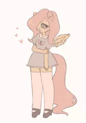 Size: 470x669 | Tagged: artist:xkittydollx, clothes, colored pupils, cute, derpibooru import, dress, eared humanization, ear fluff, female, fluttershy, hair over one eye, heart, human, humanized, no catchlights, pastel, pony coloring, safe, shyabetes, socks, solo, tailed humanization, winged humanization, wings