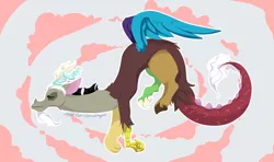 Size: 1024x608 | Tagged: artist:artistofthegeeks, cloud, cotton candy, cotton candy cloud, derpibooru import, discord, draconequus, eyes closed, flying, food, horns, male, safe, smiling, solo, wings
