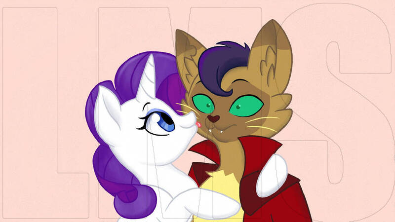 Size: 1024x576 | Tagged: safe, artist:littlemissstyle, derpibooru import, capper dapperpaws, rarity, abyssinian, pony, my little pony: the movie, capperity, colored sclera, cute, face licking, female, licking, male, mare, obtrusive watermark, shipping, shrunken pupils, straight, tongue out, watermark