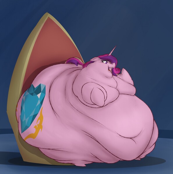 Size: 1268x1280 | Tagged: questionable, artist:astr0zone, derpibooru import, princess cadance, alicorn, pony, belly, big belly, bingo wings, blob, breasts, butt, droop, eager, fat, fat boobs, fat legs, female, huge belly, huge butt, immobile, impossibly large belly, impossibly large butt, impossibly wide ass, impossibly wide hips, large belly, large butt, morbidly obese, obese, princess decadence, sitting, solo, stretched cutie mark, thicc ass, throne, wide hips