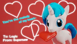 Size: 2100x1200 | Tagged: safe, artist:deloreandudetommy, derpibooru import, oc, oc:supersaw, unofficial characters only, pony, unicorn, 3d, blender, blue eyes, caption, heart, holiday, looking at you, mouth hold, solo, text, valentine's day, valentine's day card