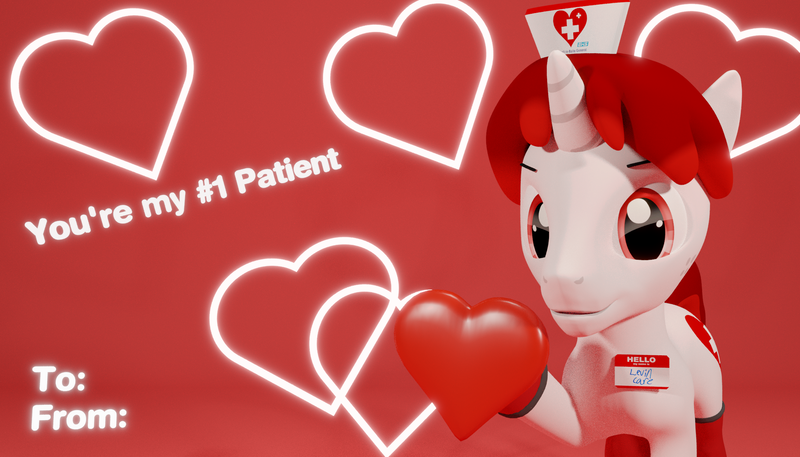 Size: 2100x1200 | Tagged: safe, artist:deloreandudetommy, derpibooru import, oc, oc:levin care, pony, unicorn, 3d, blender, caption, clothes, gloves, holiday, hoof hold, nurse, valentine's day, valentine's day card