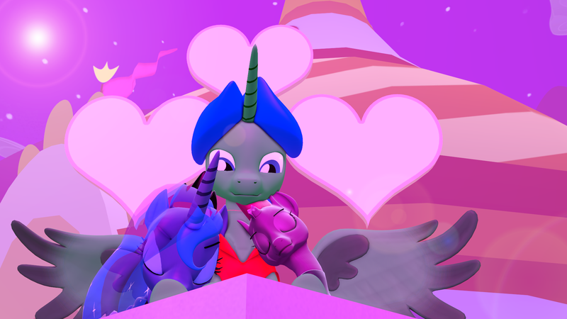 Size: 1920x1080 | Tagged: safe, artist:johnnyxluna, derpibooru import, princess luna, tempest shadow, oc, oc:prince lightning chaser, pony, 3d, canterlot castle, hearts and hooves day, leaning, love, resting, shielded, snuggeling, source filmmaker