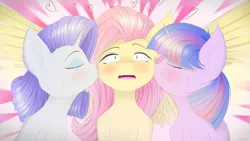 Size: 4800x2700 | Tagged: safe, artist:maneingreen, derpibooru import, fluttershy, rarity, twilight sparkle, alicorn, pegasus, pony, unicorn, blushing, cheek fluff, chest fluff, ear fluff, eyes closed, female, flarity, kiss on the cheek, kiss sandwich, kissing, lesbian, love, polyamory, rarishytwi, shipping, spread wings, twishy, wingboner, wings