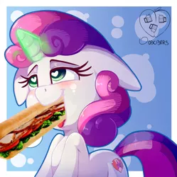 Size: 994x1000 | Tagged: suggestive, artist:oddciders, derpibooru import, edit, editor:pinkamenace, sweetie belle, 1000 hours in ms paint, ahegao, food, heart eyes, implied foalcon, meat, not porn, open mouth, ponies eating meat, sandwich, sandwich censorship, solo, tongue out, wingding eyes