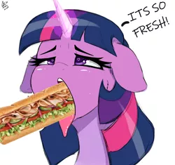 Size: 1960x1840 | Tagged: suggestive, artist:aer0 zer0, derpibooru import, edit, editor:pinkamenace, twilight sparkle, pony, unicorn, ahegao, dialogue, food, heart eyes, meat, not porn, open mouth, ponies eating meat, sandwich, sandwich censorship, subway, tongue out, wingding eyes
