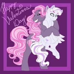 Size: 1024x1024 | Tagged: safe, artist:azure-art-wave, derpibooru import, oc, oc:barbara, oc:dovely pinup, unofficial characters only, earth pony, pegasus, pony, female, half-siblings, hug, magical gay spawn, male, mare, offspring, parent:cotton sky, parent:fashion plate, parent:hoity toity, stallion