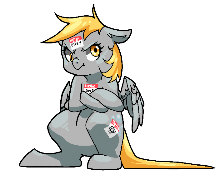 Size: 704x576 | Tagged: safe, artist:idrawweeklypony, derpibooru import, derpy hooves, ditzy doo, pegasus, pony, crossed arms, cutie mark, female, grumpy, name tag, simple background, solo, sticker, that one nameless background pony we all know and love, white background, wings