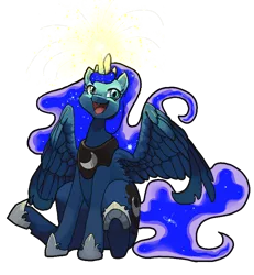 Size: 768x832 | Tagged: safe, artist:idrawweeklypony, derpibooru import, edit, princess luna, alicorn, pony, female, glowing horn, horn, jewelry, magic, open mouth, regalia, simple background, sitting, smiling, solo, spread wings, transparent background, wings