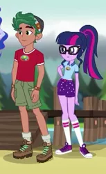 Size: 223x365 | Tagged: safe, derpibooru import, screencap, sci-twi, timber spruce, twilight sparkle, equestria girls, legend of everfree, camp everfree outfits, clothes, converse, cropped, female, glasses, legs, male, ponytail, shoes, shorts, sneakers, socks