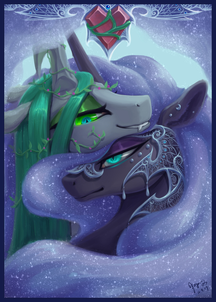 Size: 2580x3607 | Tagged: safe, artist:begasus, derpibooru import, nightmare moon, queen chrysalis, alicorn, changeling, changeling queen, pony, bedroom eyes, bust, chrysmoon, cute, cutealis, ethereal mane, eyeshadow, female, floppy ears, fluffy, grin, jewelry, lesbian, makeup, moonabetes, shipping, slit eyes, smiling, starry mane