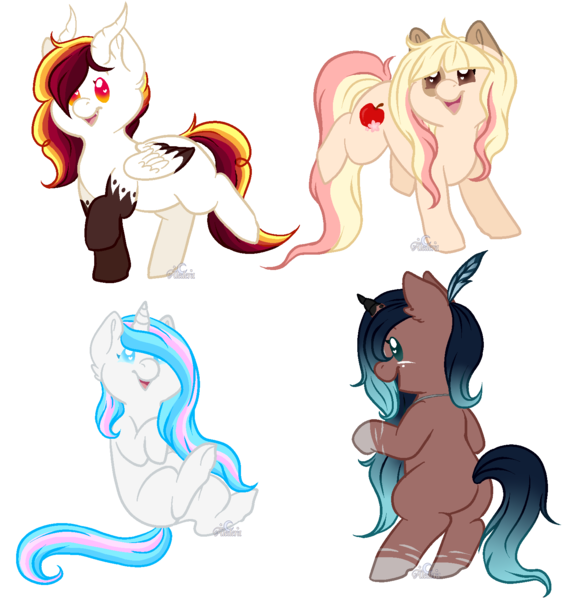 Size: 1500x1600 | Tagged: safe, artist:aledera, derpibooru import, oc, oc:apple blossom, oc:kiara, oc:rainbow lily, oc:sundawn gleam, unofficial characters only, earth pony, pegasus, pony, unicorn, chibi, female, mare, simple background, transparent background