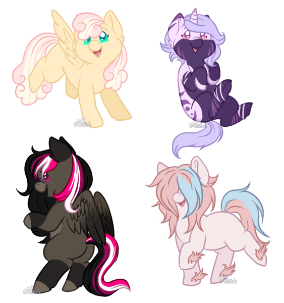 Size: 1500x1600 | Tagged: safe, artist:aledera, derpibooru import, oc, oc:cherry top, oc:luckette, oc:mary weather, oc:soft sketch, unofficial characters only, earth pony, pegasus, pony, unicorn, chibi, female, hair over eyes, mare, simple background, transparent background