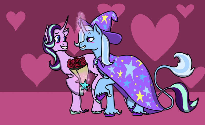 Size: 1280x783 | Tagged: safe, artist:greatveiledbear, derpibooru import, starlight glimmer, trixie, classical unicorn, pony, unicorn, blushing, bouquet, cloven hooves, female, flower, heart, holiday, leonine tail, lesbian, looking at each other, rose, shipping, startrix, unshorn fetlocks, valentine's day