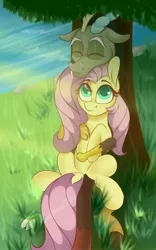 Size: 1772x2835 | Tagged: safe, artist:shadowreindeer, derpibooru import, discord, fluttershy, draconequus, pegasus, pony, cute, discoshy, discute, eyes closed, female, grass, male, mare, shipping, shyabetes, smiling, straight, tree, water