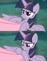 Size: 1600x2084 | Tagged: safe, derpibooru import, edit, edited screencap, screencap, mean twilight sparkle, pinkie pie, alicorn, pony, the mean 6, bad touch, blushing, clone, disembodied hooves, offscreen character, personal space invasion, solo focus, sweat