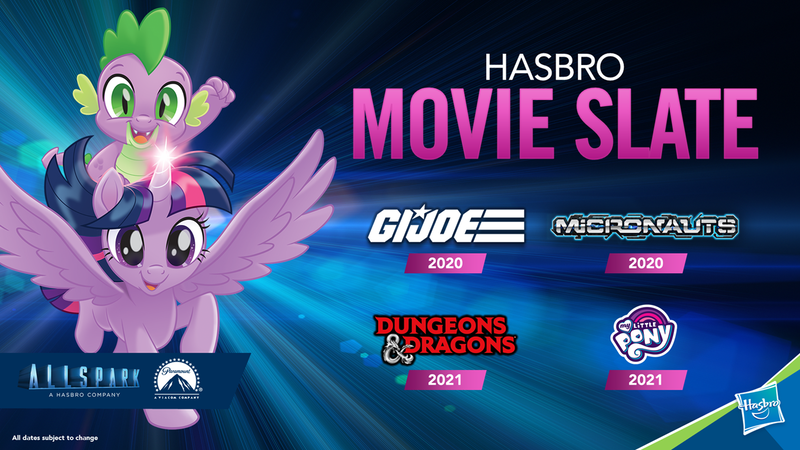 Size: 1280x720 | Tagged: safe, derpibooru import, official, spike, twilight sparkle, twilight sparkle (alicorn), alicorn, dragon, pony, my little pony: the movie, allspark pictures, dungeons and dragons, g.i. joe, hasbro, hasbro logo, meta, micronauts, movie, my little pony, my little pony: the movie 2, paramount pictures, pen and paper rpg, pony history, rpg, slide, toy fair, toy fair 2019