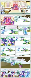 Size: 5000x12670 | Tagged: safe, artist:mundschenk85, artist:parclytaxel, derpibooru import, amethyst star, bon bon, cloud kicker, lucky clover, lyra heartstrings, mayor mare, rainbow dash, starlight glimmer, sunshower raindrops, sweetie drops, trixie, twilight sparkle, twilight sparkle (alicorn), oc, oc:silverlay, alicorn, pony, winter wrap up, absurd resolution, awwmethyst star, blushing, bottle, cart, clipboard, comic, cute, earmuffs, hoofbump, magic, snow, winter wrap up vest