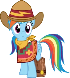 Size: 1362x1500 | Tagged: safe, artist:cloudyglow, derpibooru import, rainbow dash, ponified, pegasus, pony, 28 pranks later, dance magic, equestria girls, equestria girls series, five to nine, spoiler:eqg specials, boots, clothes, cowgirl, cowgirl outfit, cute, equestria girls ponified, female, hat, mare, poncho, shoes, simple background, smiling, solo, transparent background, vector