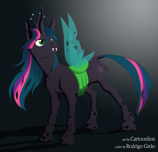 Size: 1300x1250 | Tagged: artist:cartoonlion, artist:rodrigogirao, artist:stormwatch, changeling, changelingified, changeling queen, colored, commission, derpibooru import, fanfic:mirrors image, female, leonine tail, queen twilight, safe, solo, species swap, twilight sparkle, twiling