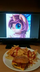 Size: 2336x4160 | Tagged: safe, derpibooru import, oc, oc:mochaswirl, unofficial characters only, pony, bacon, burger, cheeseburger, food, french fries, hamburger, meat, this will end in weight gain, waifu dinner