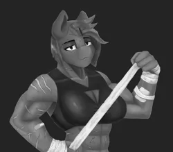 Size: 3200x2800 | Tagged: safe, artist:mopyr, derpibooru import, oc, oc:camilia, unofficial characters only, anthro, abs, bandage, black background, female, fit, grayscale, monochrome, muscles, scar, simple background, solo, wip