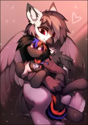 Size: 1266x1790 | Tagged: safe, artist:lispp, derpibooru import, oc, oc:narcissa, oc:phase shift, unofficial characters only, gryphon, pegasus, pony, be mine, beak, blushing, chest fluff, claws, collar, cuddling, cute, eared griffon, female, floppy ears, fluffy, flustered, freckles, grabbing, griffon oc, griffon on pony action, heart, holding, holding a pony, hug, image, interspecies, lesbian, long tail, name tag, oc x oc, pet play, pet tag, png, pony on griffon action, pony pet, shipping, size difference, smiling, snuggling, spread wings, tail feathers, talons, wings