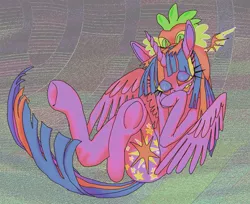 Size: 2451x1996 | Tagged: safe, artist:echobone, derpibooru import, spike, twilight sparkle, twilight sparkle (alicorn), alicorn, dragon, pony, abstract background, baby, baby dragon, bloodshot eyes, creepy, duo, female, male, mare, nightmare fuel, open mouth, size difference, twilight snapple, wings