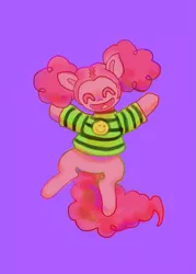 Size: 1311x1829 | Tagged: safe, artist:echobone, derpibooru import, pinkie pie, pony, alternate hairstyle, clothes, eyes closed, jumping, kidcore, needs more saturation, pigtails, purple background, shirt, simple background, smiling, solo, striped shirt