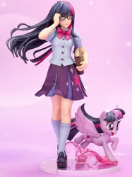 Size: 562x750 | Tagged: safe, derpibooru import, kotobukiya, twilight sparkle, twilight sparkle (alicorn), alicorn, human, pony, equestria girls, book, clothes, doll, figure, glasses, human coloration, human ponidox, humanized, i can't believe it's not sci-twi, irl, photo, pleated skirt, self ponidox, shoes, skirt, socks, toy, twilight's professional glasses