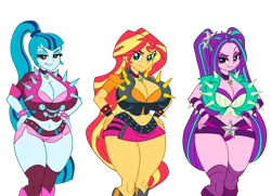 Size: 1280x925 | Tagged: suggestive, artist:art-2u, derpibooru import, aria blaze, sonata dusk, sunset shimmer, equestria girls, equestria girls series, rainbow rocks, belly button, big breasts, biker, bimbo, bimbo aria, bimbo shimmer, bimbo sonata, breasts, busty aria blaze, busty sonata dusk, busty sunset shimmer, cleavage, clothes, commission, curvy, female, females only, hand on hip, hourglass figure, huge breasts, image, jewelry, looking at you, microskirt, midriff, miniskirt, necklace, pigtails, png, ponytail, shorts, simple background, skirt, skull, smiling, socks, spikes, stockings, thick, thigh highs, thighs, thunder thighs, transparent background, twintails, wide hips, wristband
