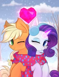 Size: 1751x2283 | Tagged: safe, artist:pesty_skillengton, derpibooru import, applejack, rarity, earth pony, pony, unicorn, clothes, cloud, commissioner:raritybro, couple, cute, daaaaaaaaaaaw, female, freckles, heart, jackabetes, lesbian, love, magic, mare, one eye closed, raribetes, rarijack, scarf, shared clothing, shared scarf, shipping, smiling, snow, wink, winter