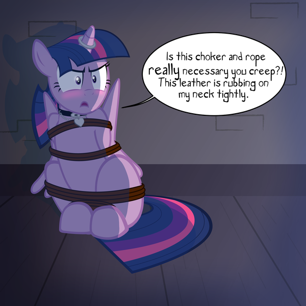 Size: 2000x2000 | Tagged: suggestive, artist:radiantrealm, derpibooru import, twilight sparkle, twilight sparkle (alicorn), alicorn, pony, arm behind back, blushing, bondage, bound wings, collar, female, horn, horn ring, magic suppression, ring, rope, rope bondage, show accurate, show accurate porn, solo, solo female, speech bubble, wings